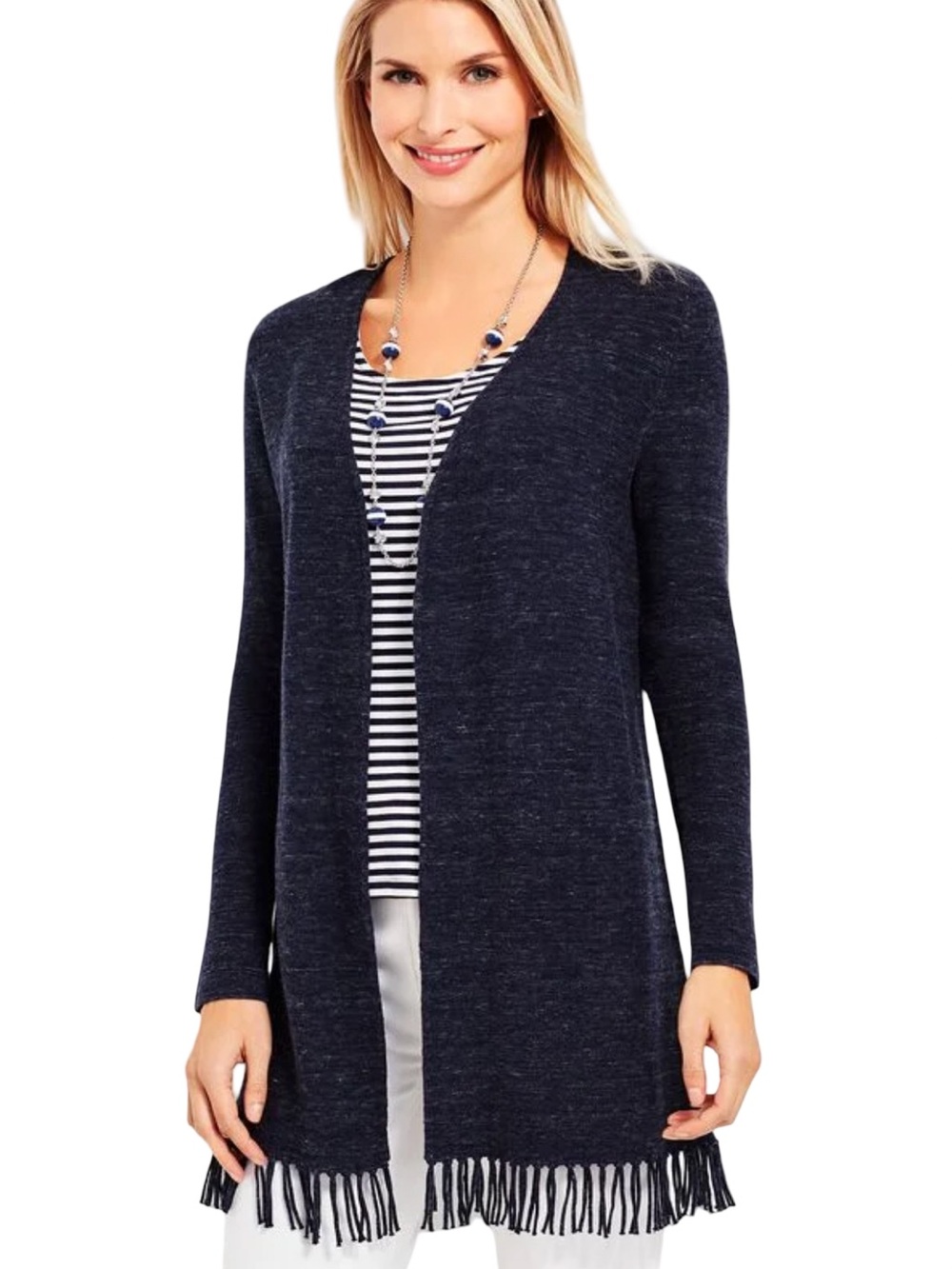 New Talbots Woman’s Space Dyed Fringe Hem Fly Away Open Front Cardigan Size X